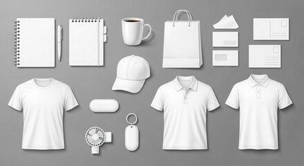 Mockup collection of various promotional items, including apparel, stationery, and accessories, presented on a gray background.