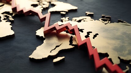 Global economic downturn represented by red downward trend line on world map