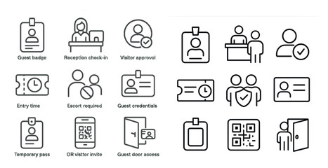 Set of icons for a hotel lobby. The icons include a clock, a phone, a door, a person with a badge, and a person with a passport