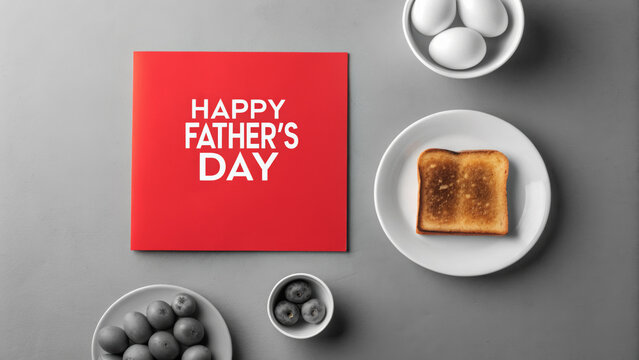 Father’s Day breakfast made with love. Celebratory Father's Day breakfast arrangement with toast, eggs, and greeting card.