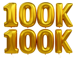Balões dourados metálicos flutuando com o número 10.000k em destaque, isolado no fundo transparente