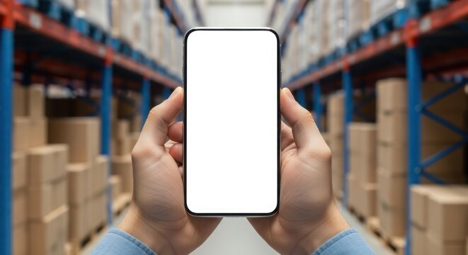 Warehouse worker holds smartphone with blank screen, inventory management app concept.