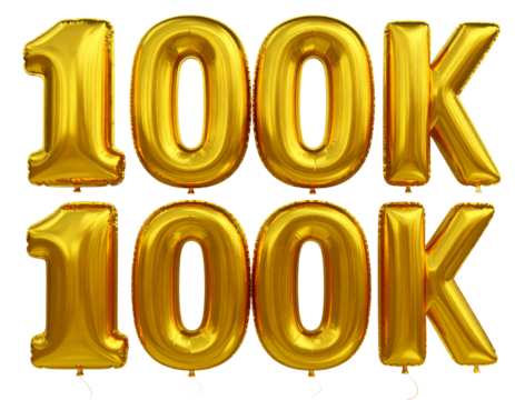 Balões dourados metálicos flutuando com o número 10.000k em destaque, isolado no fundo transparente