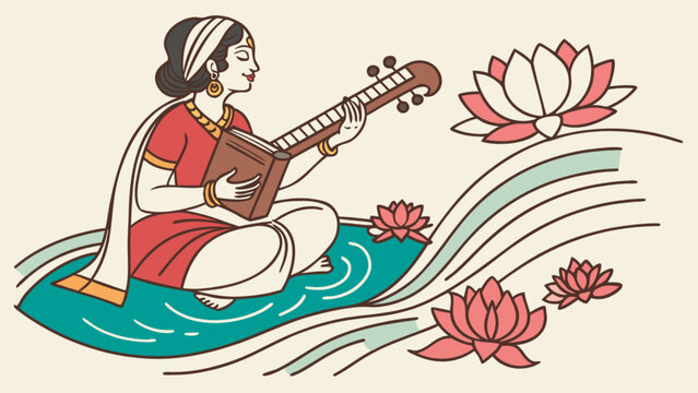 Beautiful saraswati goddess playing veena illustration for hindu festival basant panchami vector design art 100
