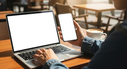 Person using laptop and smartphone in a cafe, enjoying a coffee.
