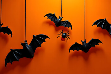 Black plastic bats and a spider hanging against an orange background Halloween decoration concept