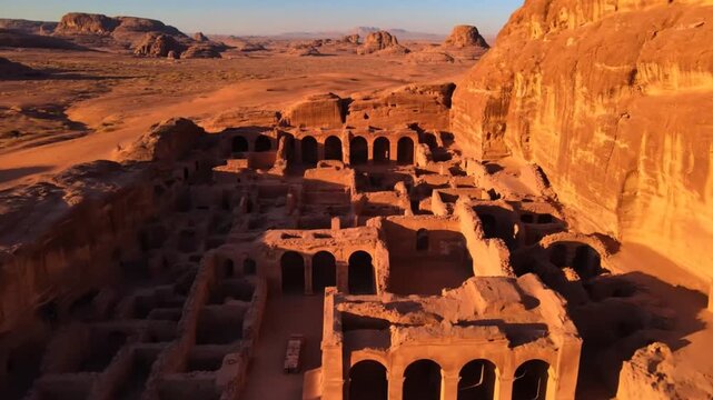 Ancient ruins whispering tales under the desert sun Nabataean architecture glowing warmly at sunrise with aerial shot