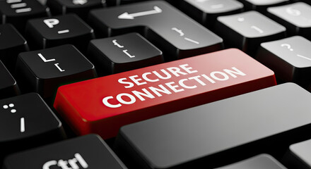 Fototapeta premium Secure Connection Button on Keyboard: Data Protection, Cybersecurity, and Online Safety Concept. Internet Security, VPN, and Encryption Technology