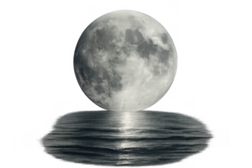 Large full moon reflecting on calm water surface, isolated on transparent background, ideal for fantasy or sci-fi projects