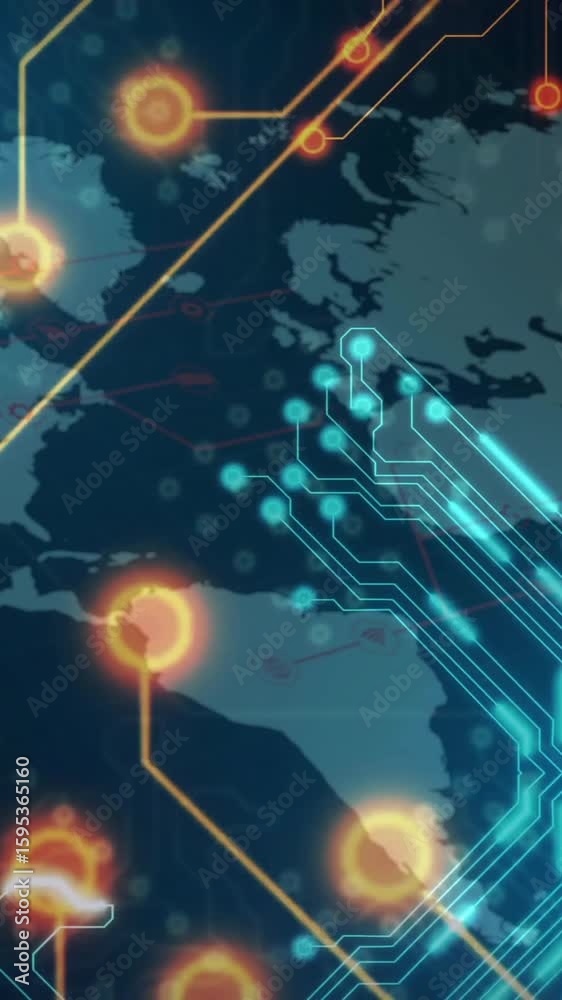 Poster animation of digital network connections overlaying world map with circuit patterns