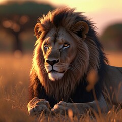Naklejka premium Majestic African Lion in Natural Savannah Landscape, Cinematic Wildlife Scene