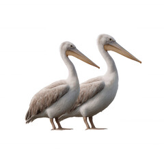Fototapeta premium Two elegant pelicans standing side by side, showcasing their distinctive long beaks and beautiful plumage. Perfect for nature enthusiasts and wildlife lovers.