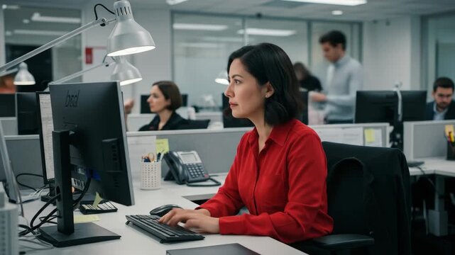Concentrated Businesswoman Working on Computer in Modern Office - A focused businesswoman in a red shirt sits at her desk, diligently working on her computer. - Powered by Adobe