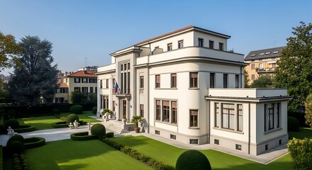 Naklejka premium Elegant villa with manicured garden offering a serene escape in an urban setting for luxury