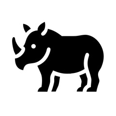 Iconic rhinoceros standing, graphic animal representation; simple black silhouette of wildlife, representing nature and conservation with bold lines. 