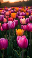 Tulip field golden hour colorful bloom illustration