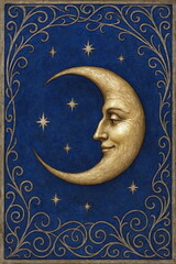 Artistic crescent moon with a human face surrounded by stars and ornate patterns