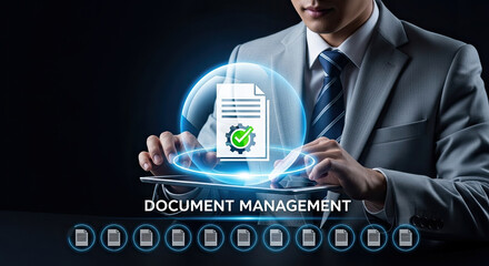 Efficient Document Management System: Businessman using Digital Tablet for Workflow Automation, Compliance, and Secure Data Control in Modern Office