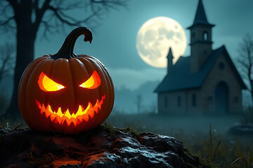 Illuminated Jack O Lantern on Rock with Spooky Carved Face against Church and Full Moon in Night Sky