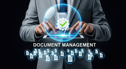 Document Management System: Businessman using Tablet for Digital Workflow Automation, Approvals and Efficient Electronic File Organization Process