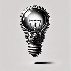 Black and white steampunk-style lightbulb with gears and metallic details