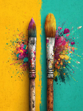Two Paintbrushes Exhibiting Colorful Splashes on Vibrant Yellow and Teal Background