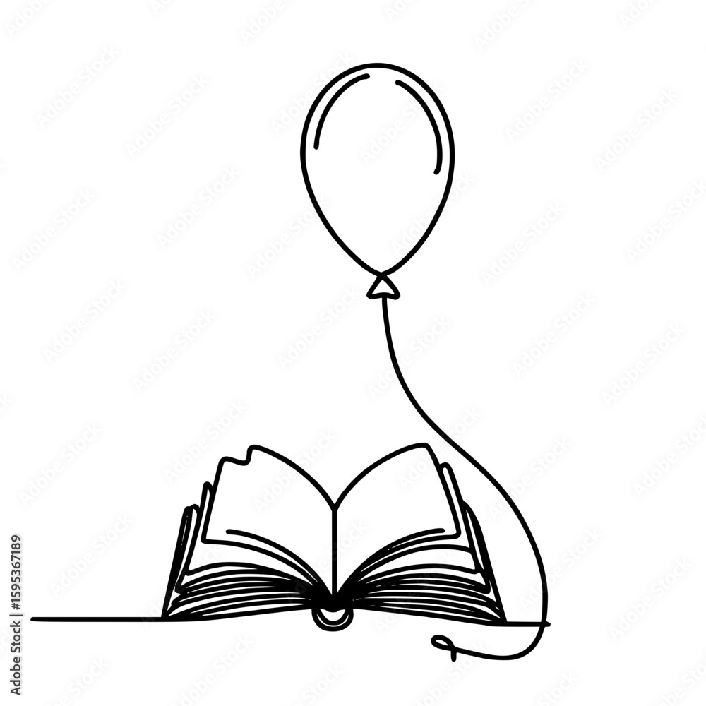 Poster open book with a balloon floating above in a single line outline vector