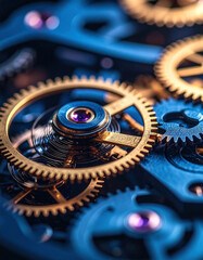 Close-Up of Intricate Clock Mechanism with Dark Blue and Copper Gears.concepts, engineering, horizontal, no people, photography, time, working, engine, motion, old-fashioned, steampunk, steel, wheel,