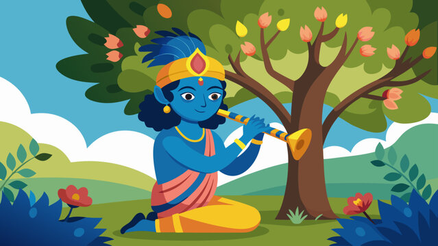 Krishna Playing Flute Under Kadamba Tree