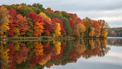 Autumn Reflections: A vibrant display of autumn foliage, with trees painted in fiery hues of red, orange, and yellow, reflected beautifully in the calm waters of a lake.