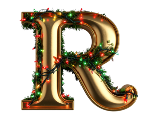 Elegant Script R in Brushed Gold with Christmas Lights Wrapped Around, Isolated PNG