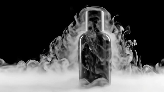 Black Bottle with Smoke - Luxurious Perfume Product Display, Dark Aesthetic Cosmetic Packaging, Mysterious Scented Liquid Animation