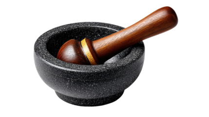 Mortar and Pestle: This image showcases a mortar and pestle, perfectly crafted from stone and wood, elegantly displayed to highlight the timeless elegance of culinary preparation.