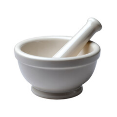 White ceramic mortar and pestle set on a white background, ideal for grinding herbs and spices in culinary applications.