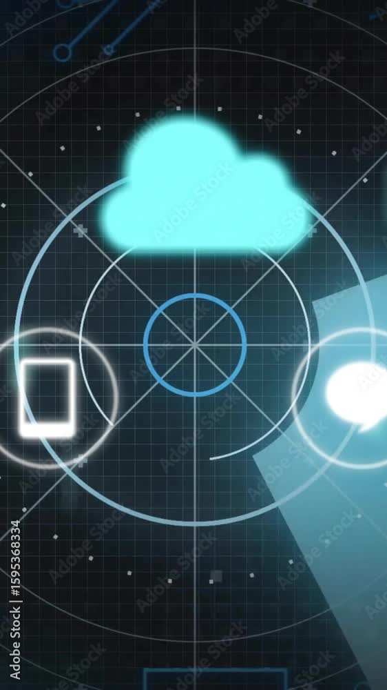 Poster futuristic digital cloud computing icons showing data processing animation on screen