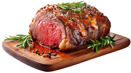 Roasted Prime Rib on Cutting Board: A mouthwatering close-up of a perfectly roasted prime rib, artfully presented on a wooden cutting board, garnished with rosemary and peppercorns.