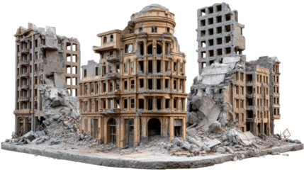 Architectural Ruin: A scene of urban decay and devastation is captured, with crumbling buildings and debris. The image evokes the aftermath of destruction.