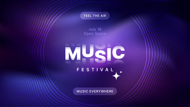 Text "music festival" on a vibrant purple background with undulating lines. Electronic music event poster design for concert promotion.