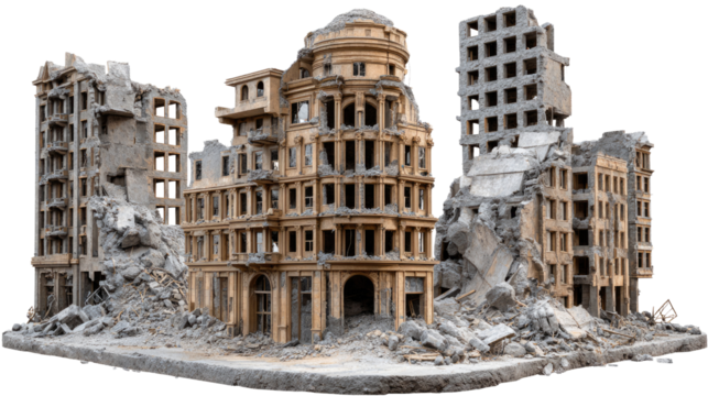 Architectural Ruin: A scene of urban decay and devastation is captured, with crumbling buildings and debris. The image evokes the aftermath of destruction.