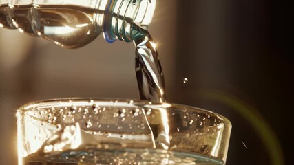 Pouring fresh water from plastic bottle into glass on warm day - Powered by Adobe