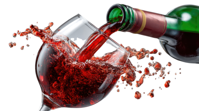 Pouring Crimson: A bottle of rich red wine is shown pouring into a delicate glass, capturing a moment of elegant and celebratory refreshment.