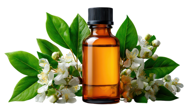 Aromatherapy's Essence: A glass bottle filled with aromatic oil, encircled by fresh leaves and delicate white flowers, embodying tranquility and wellness.