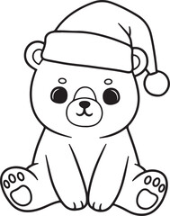 Sweet cartoon bear wearing a Christmas cap, sitting with cute paw pads, kawaii style, line art only, 