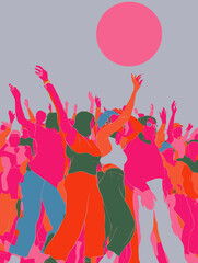 Vibrant Dancing Crowd Silhouette – Colorful Party Celebration Illustration
