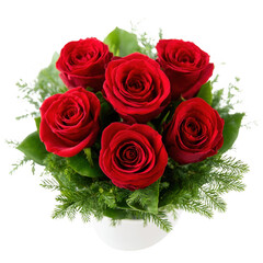 A beautiful arrangement of six vibrant red roses surrounded by fresh green leaves in a white vase, perfect for decorations or gifting on special occasions.