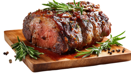 Exquisite Roasted Meat: A mouthwatering roast meat, expertly prepared and presented on a rustic wooden board, garnished with fresh rosemary and peppercorns.