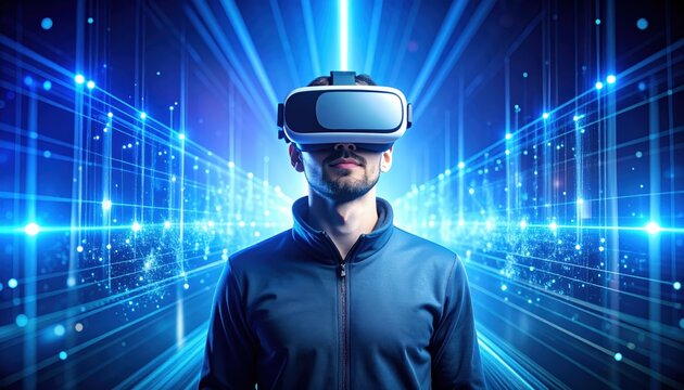 A man wearing a virtual reality headset immersed in a futuristic digital environment.