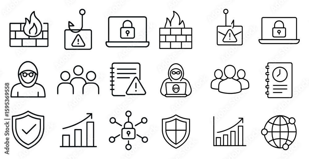 Fototapete Set of icons for various security threats. The icons include a person with a laptop, a person with a book, a person with a phone, a person with a computer, a person with a keyboard