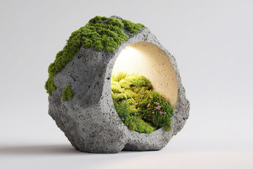 A photorealistic geological lighting device with organic brutalism-inspired light grey concrete body
