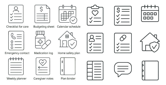 Set of checklists and calendars for a home care plan. The checklists include medication, home safety plan, and emergency contact information. The calendars include a weekly planner, caregiver notes